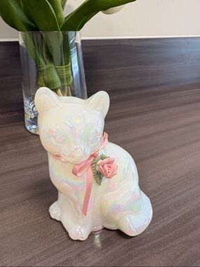 Fenton Opalescent Cat Figurine with Pink Ribbon and Rose